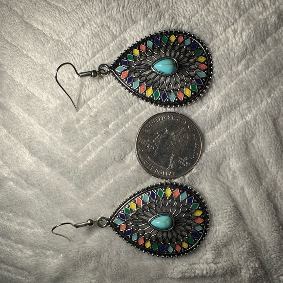 Water Drop Shape With Turquoise Decor Hollow Dangle Earrings - Picture 3 of 4
